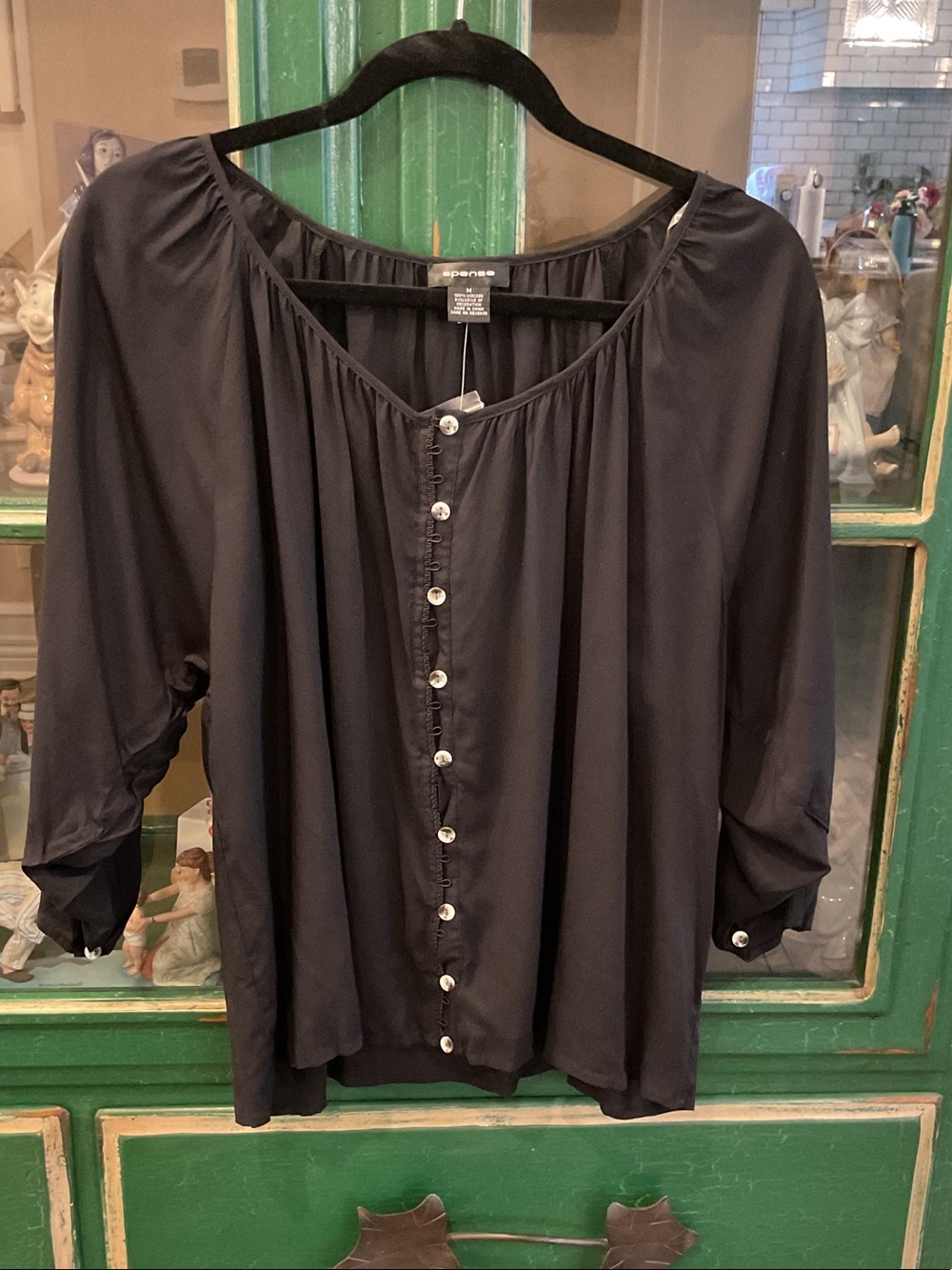 Spense Black Button-Front Peasant Blouse